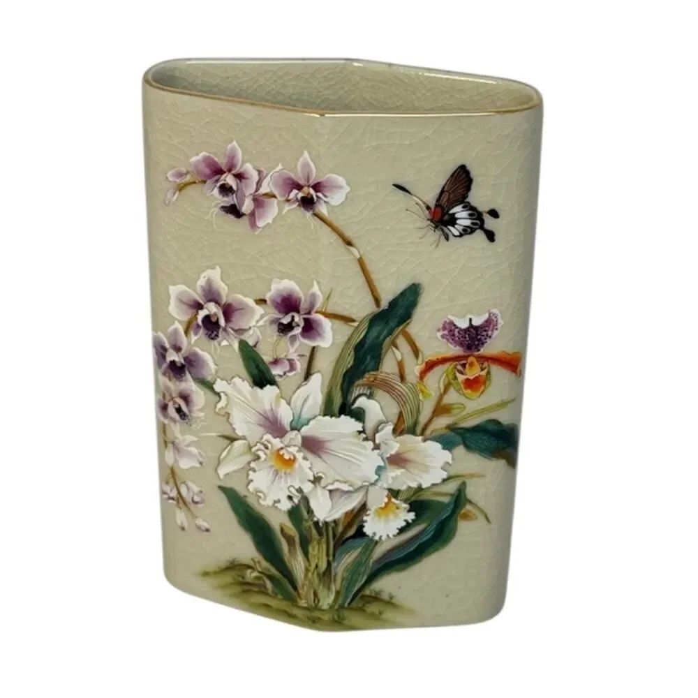 Toyo Porcelain Bud Vase Cream Painted Purple White Orchids Crackle Glaze 7"